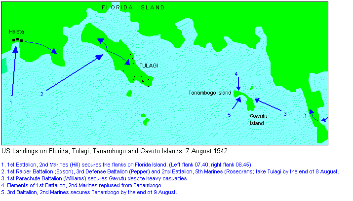 Map of Guadalcanal, US landings on Florida, Tulagi, Tanambogo and Gavutu Islands