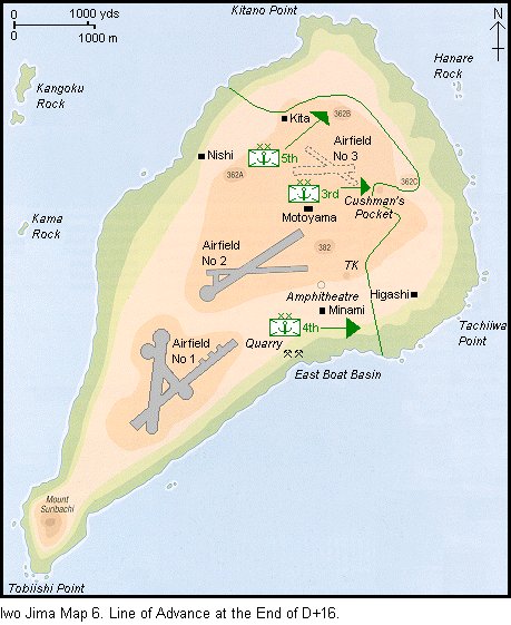 Map of the island of Iwo Jima, showing the situation at the end of D-Day+16