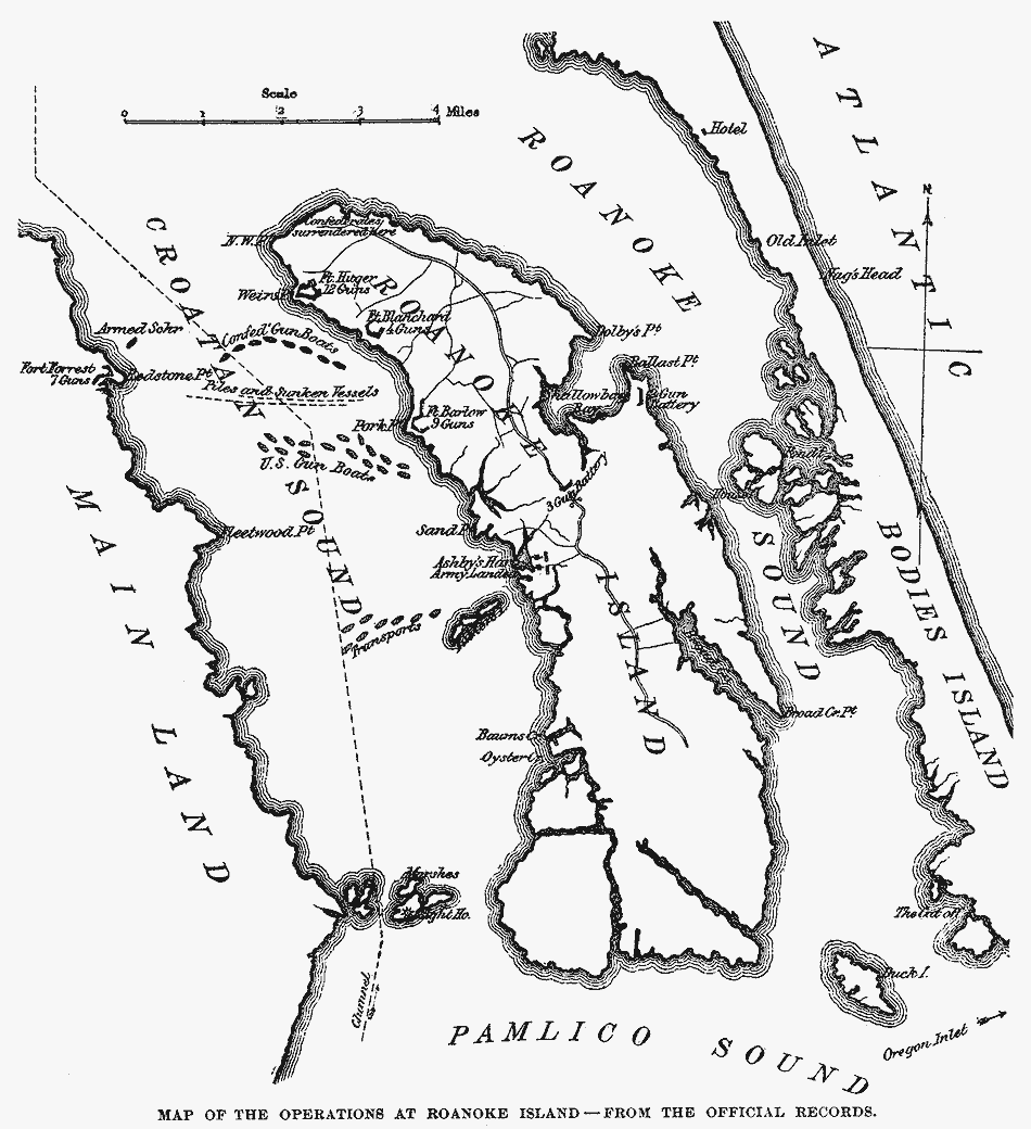 Map showing Roanoke Island and the surrounding area. 