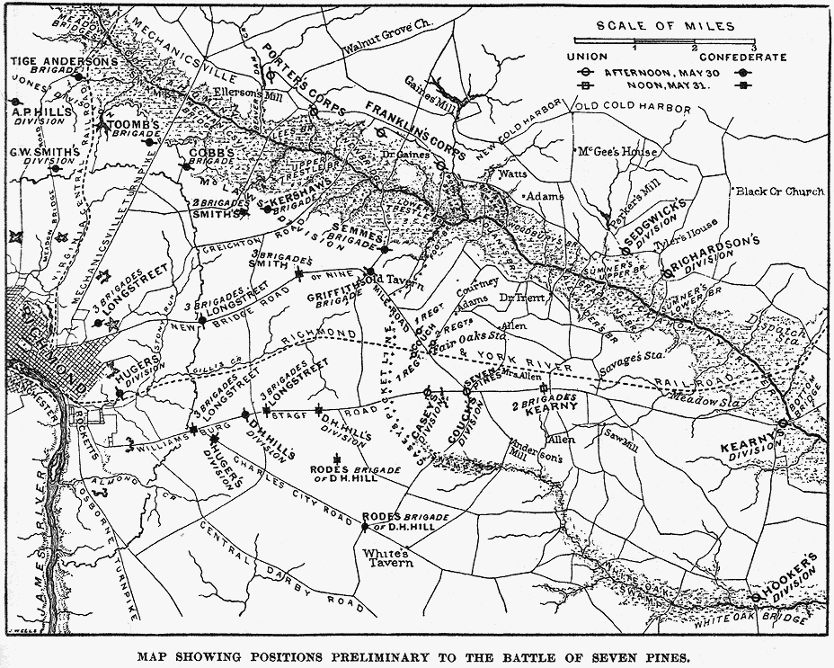 Map showing positions preliminary to the battle of Seven Pines or Fair Oaks, 31 May-1 June 1862