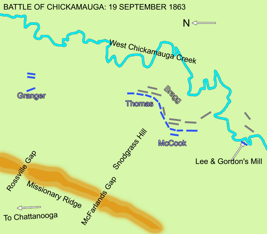 Map showing the position of the Confederate and Union positions on 19 September 1863, the first day of the Battle of Chickamauga
