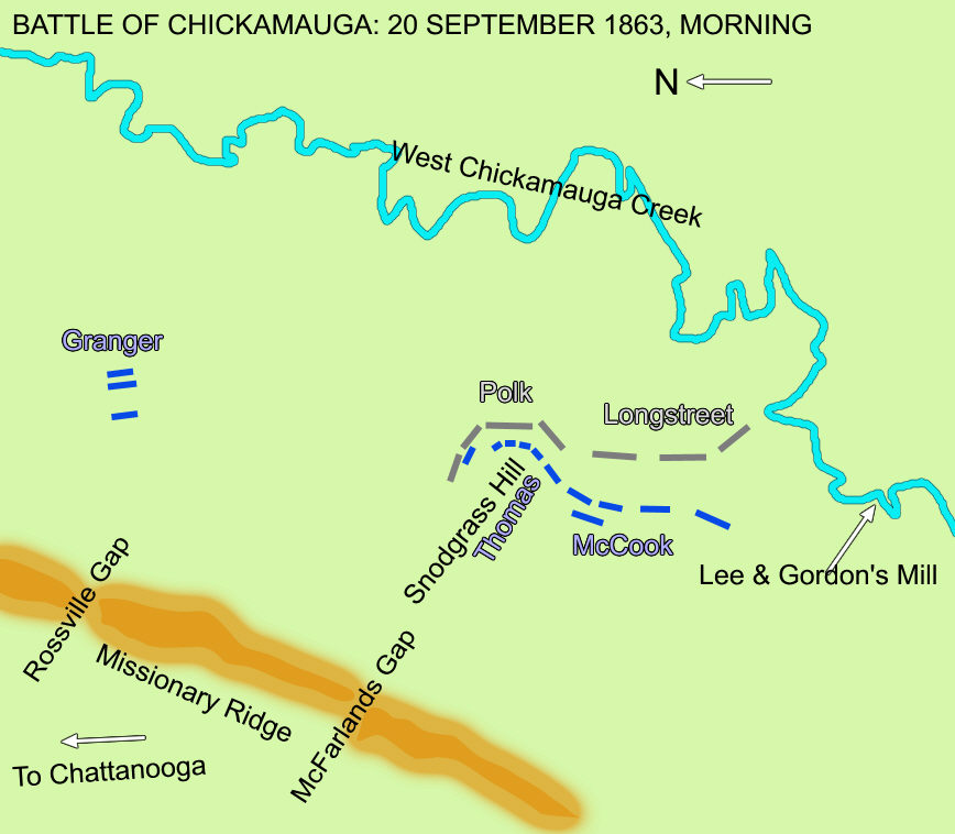 Map showing the position of the Confederate and Union positions during the morning of 20 September (Battle of Chickamauga)