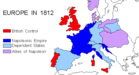 Map of Europe in 1812, showing the almost complete control of the continent enjoyed by Napoleon.