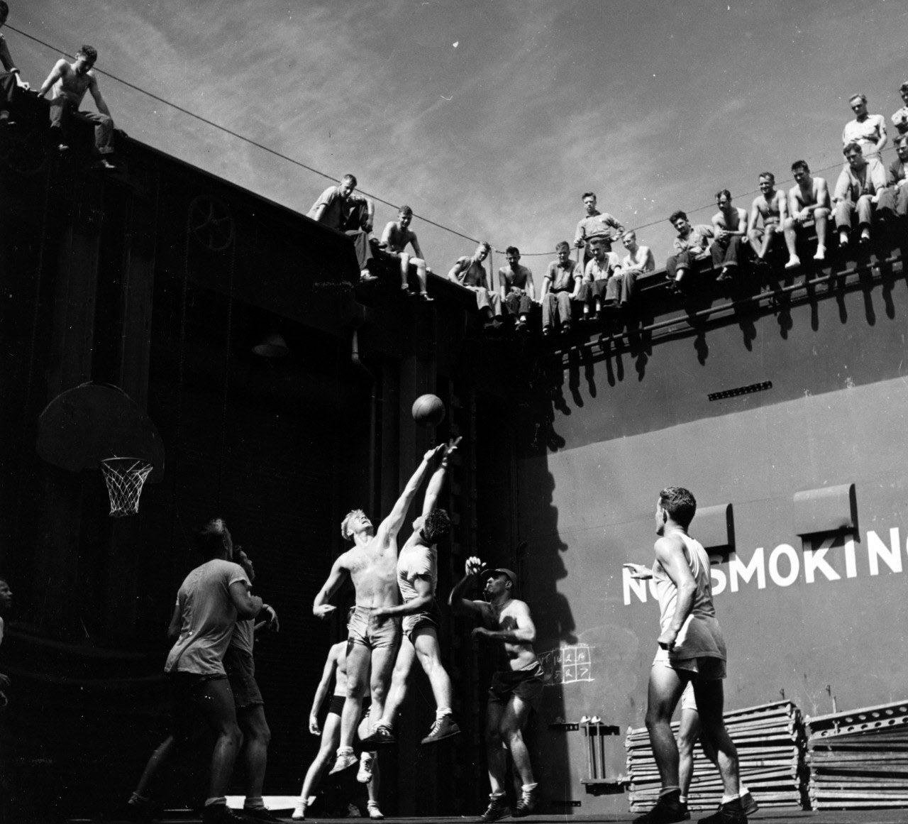 Crew playing basketball, USS Monterey (CVL-26), 1944 