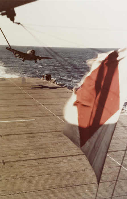 F6F being waved off from USS Tulagi (CVE-72)