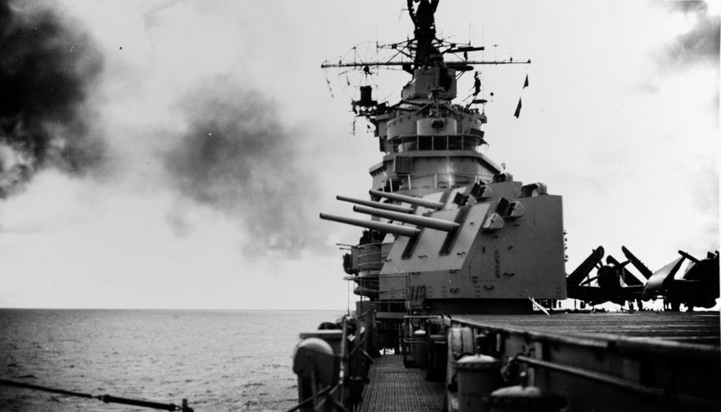 USS Valley Forge (CV-45) fires 5in guns, 1949 