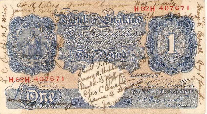 Pound Note signed by ground crew, 2nd Strategic Air Depot 