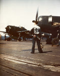 Grumman F6F prepares for take off, USS Bennington (CV-20) 