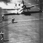 Burning Grumman F6F-3 Hellcat on USS Cowpens (CVL-25) 