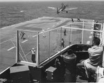 Grumman F6F launched from catapult, USS Monterey (CVL-26) 
