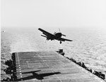 Grumman F6F being waved off, USS Monterey (CVL-26) 