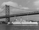 USS Olympia (C-5) moving to permanent berth, Philadelphia, 1958 