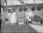 Crew on HMS Hero sharpening Cutlass blades, 1942 